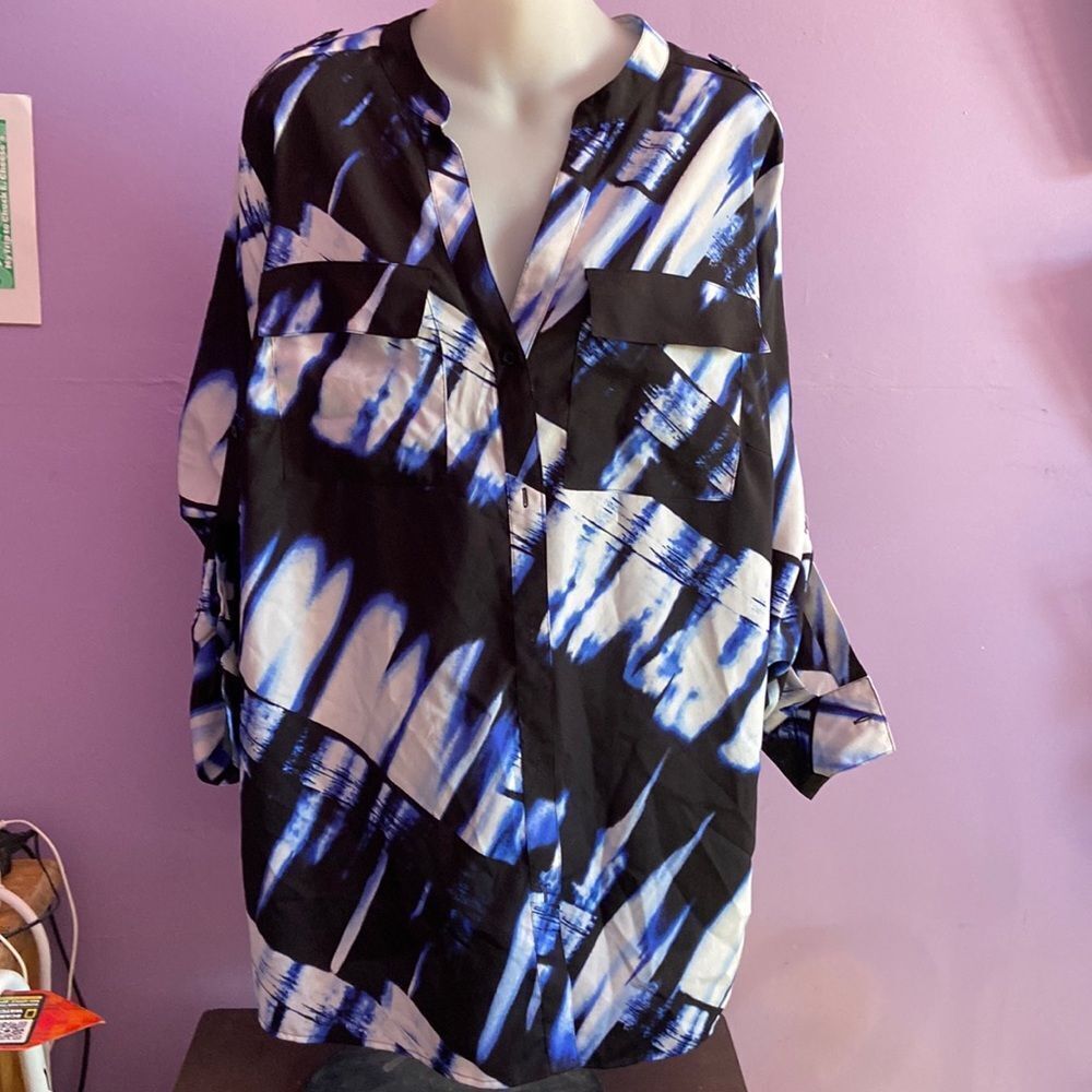 Calvin Klein Plus 1X Women's Blue/Black Button Front Blouse Office Chic